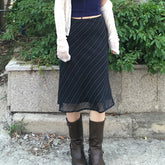 Voguable  Y2K Striped Chiffon Midi Skirt Fairycore Grunge Straight Long Skirts Vintage Aesthetic Bow High Waist Skirts Holiday